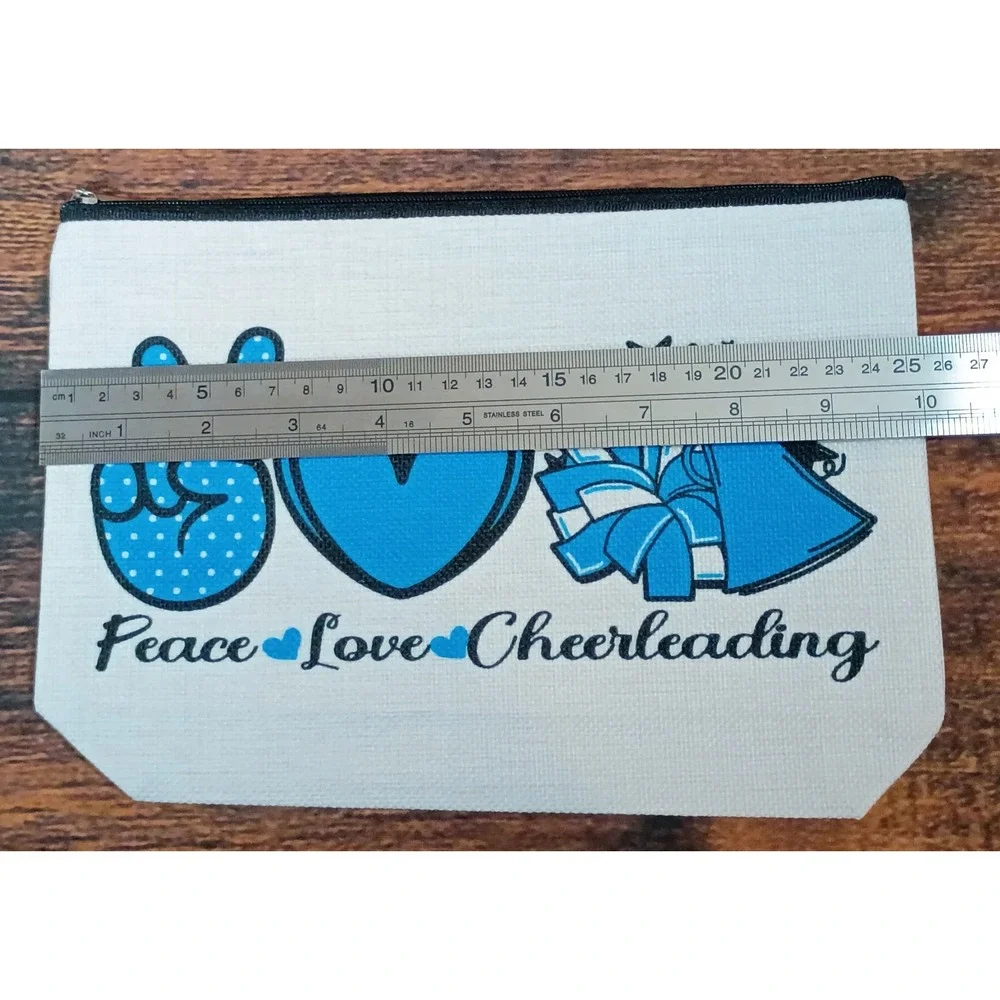 Peace Love Cheerleading Blue Canvas Makeup Bag Zipper Pouch Travel Toiletry Case